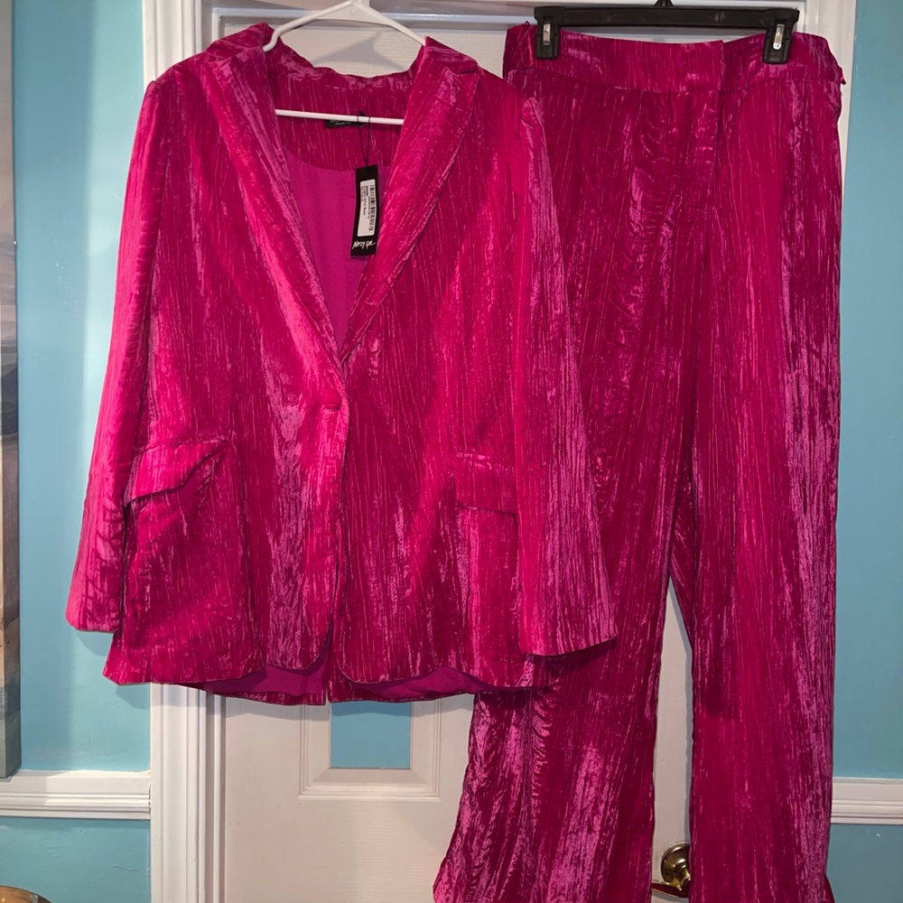 Nasty Gal Pink Crushed Velvet Pant Suit